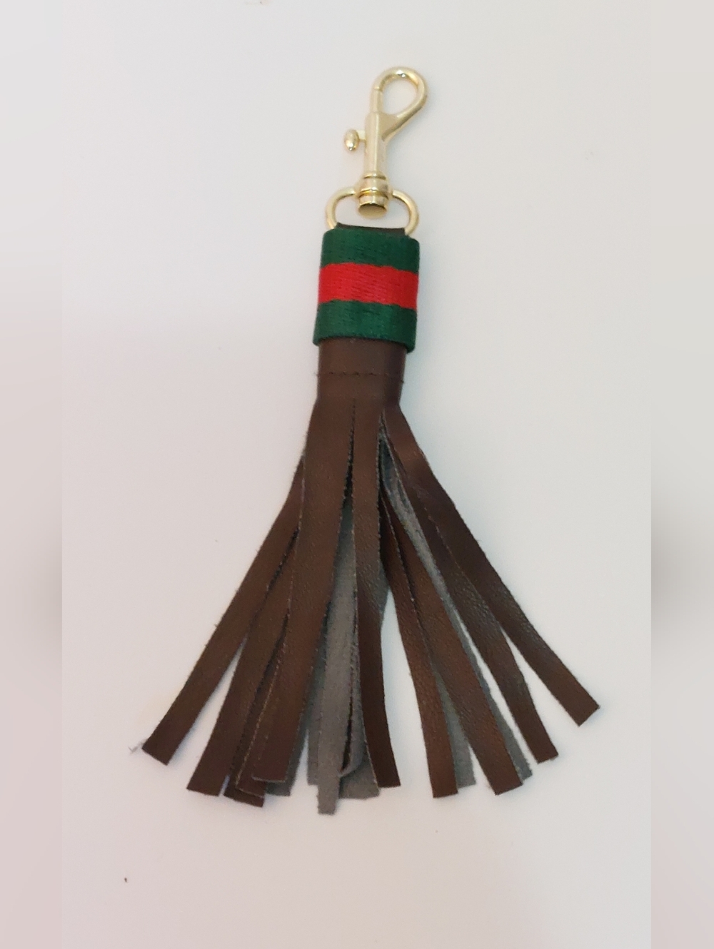 Gucci Brown Leather Tassel Bag Charm With Iconic Green/Red Stripes - Picture 7 of 8